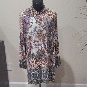 Chico's Elegant Multicolor Parsley Shirt Dress Long Tunic, Sz 3